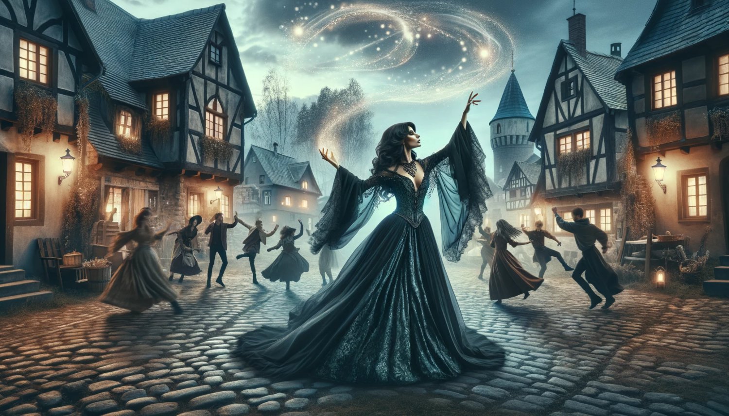 Beautiful Wicked Witch Casting A Dancing Spell On An Old Town